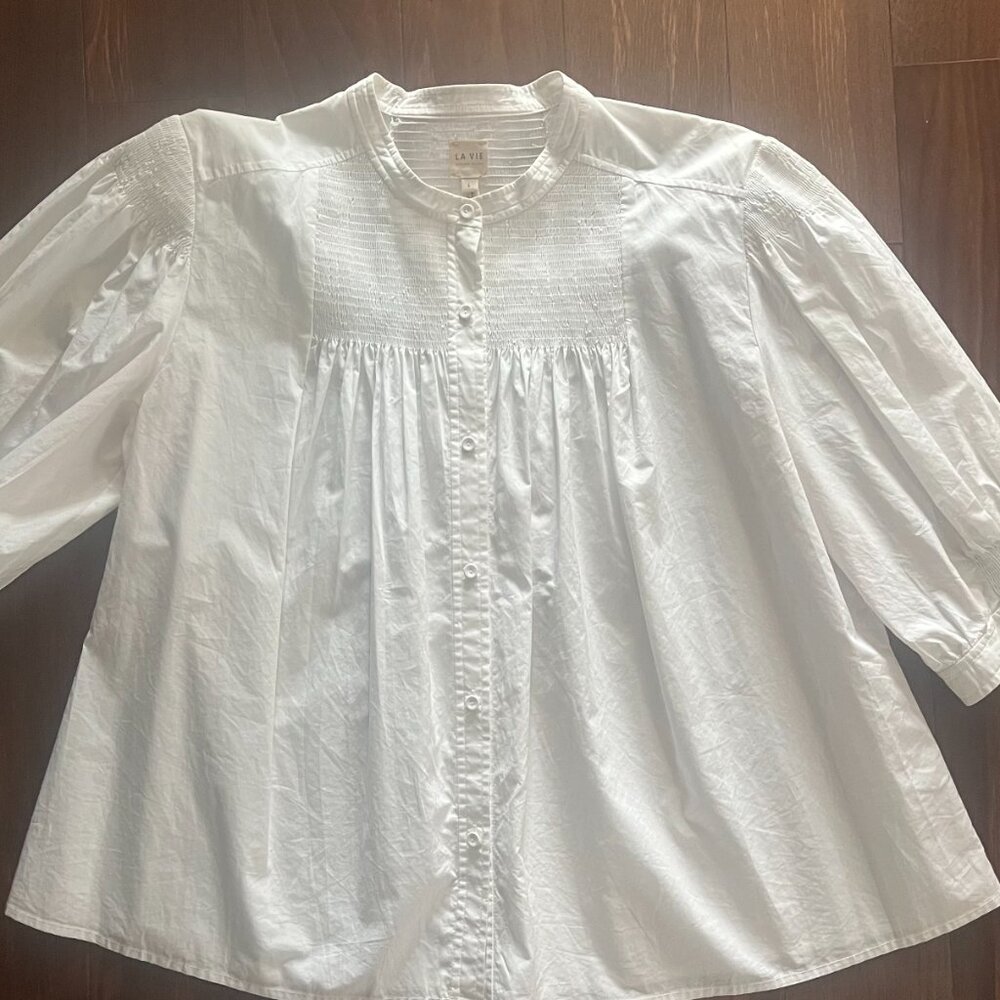 REBECCA TAYLOR La Vie White Smocked Blouse, Size L - Picture 4 of 5